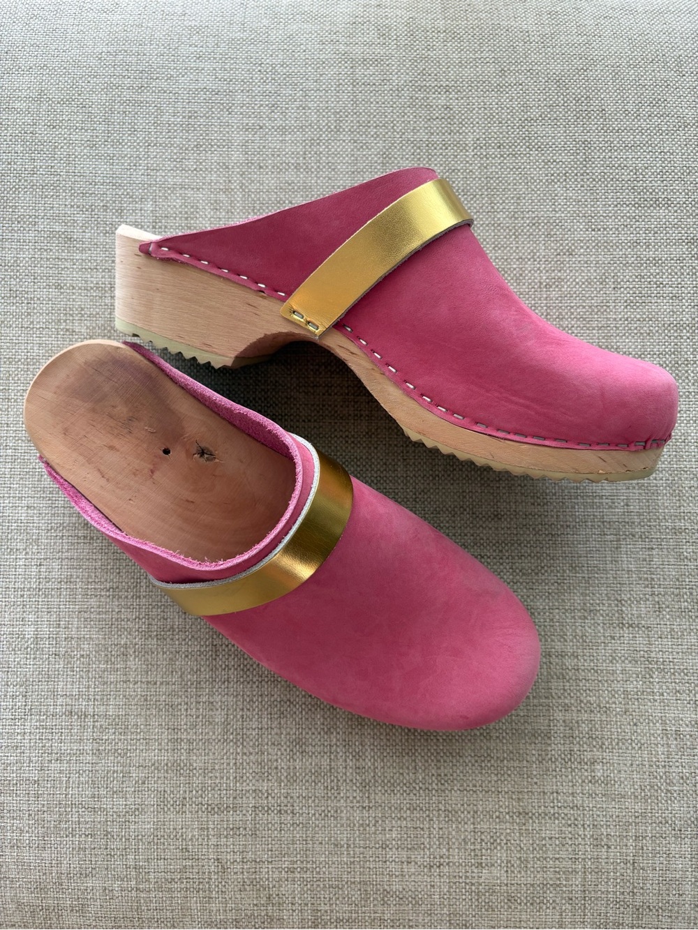 Women's Pink Leather Clog Mules with Gold Accent